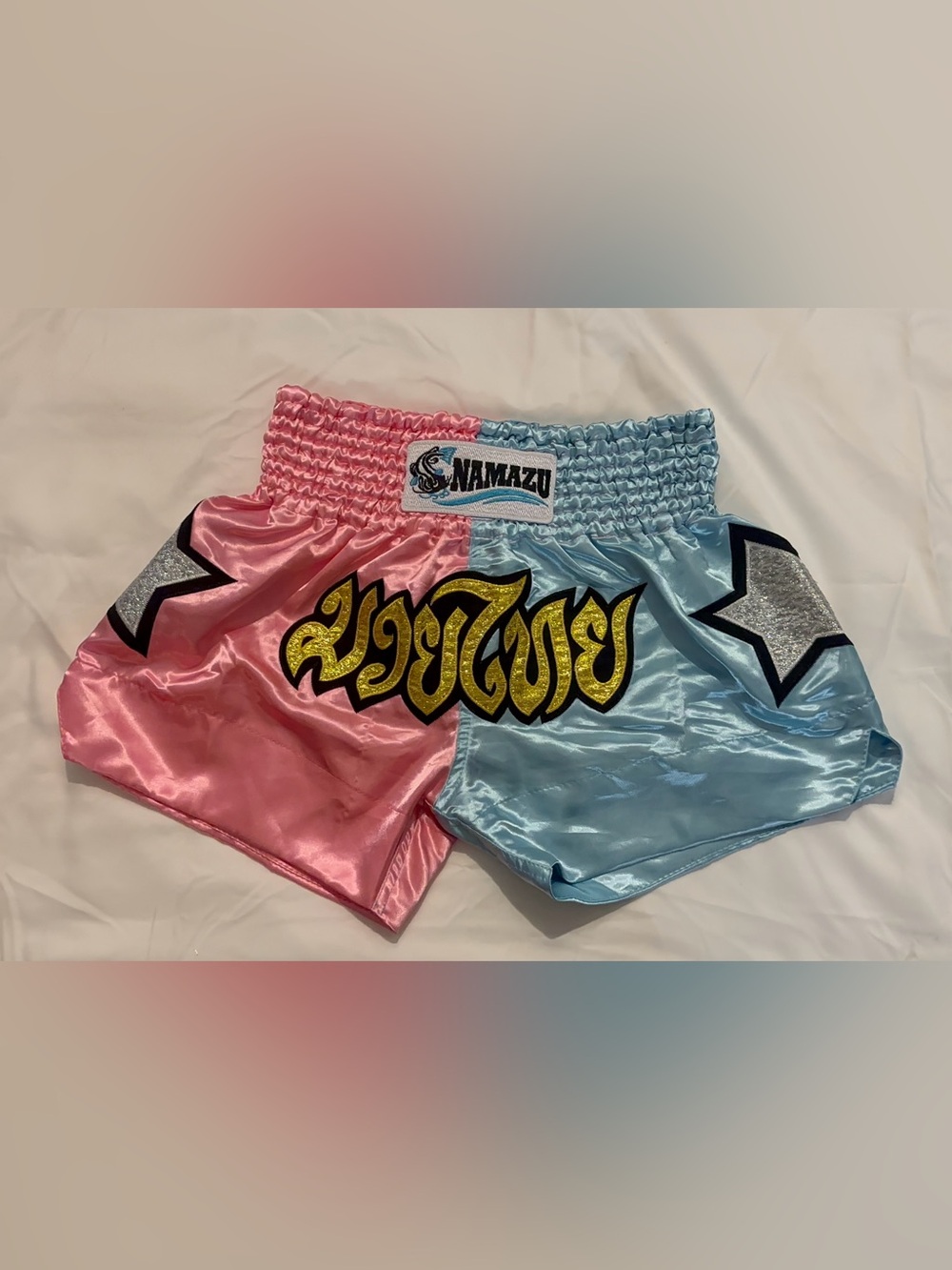Title: Namazu Muay Thai Boxing Shorts Pink Blue Gold Satin L